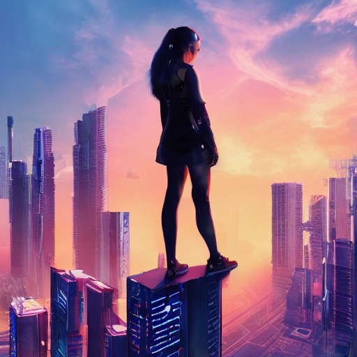 girl transcending limits towering over city on top of skyscraper