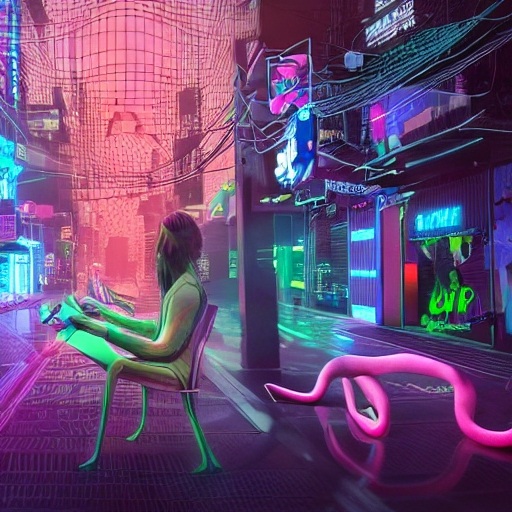 cyberpunk software developer and a pink python hacking from sidewalk chair